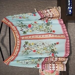 Umgee Floral Boho Blouse - Blue and Pink